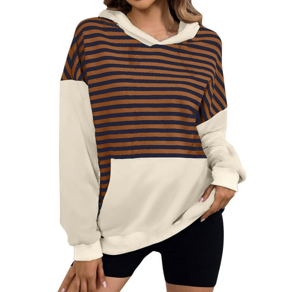 Women's Pullover Hooded Striped Casual Hoodie Elastic Waist Winter Shirt Loose Sweatshirt with Pockets Oversized Cotton Sweater (Brown M)