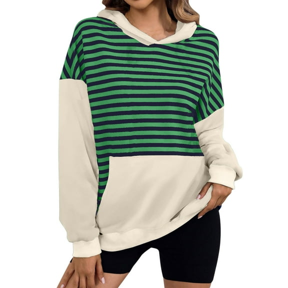 Women's Pullover Hooded Striped Casual Hoodie Elastic Waist Winter Shirt Loose Sweatshirt with Pockets Oversized Cotton Sweater (Green 2XL)