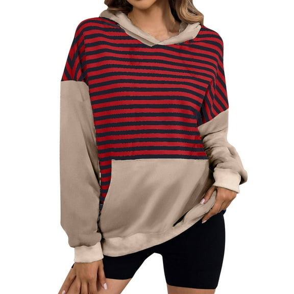 Women's Pullover Hooded Striped Casual Hoodie Elastic Waist Winter Shirt Loose Sweatshirt with Pockets Oversized Cotton Sweater (Khaki XL)