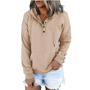 Women's Pullover Hooded Sweatershirt Solid Buttons Long Sleeve Hoodies Casual Loose Fall Winter Tops Shirt