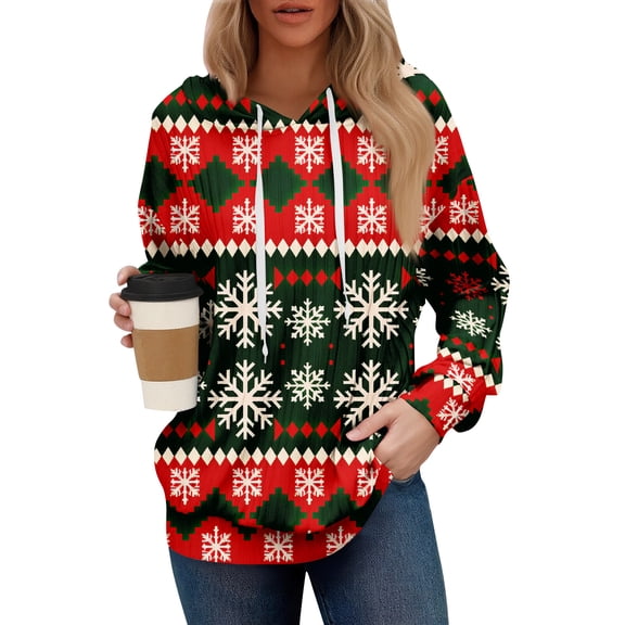 Women’s Pullover Hooded Sweatshirt with Drawstring Christmas Tree and Snowflake Printed Pattern Casual Loose Fit Top