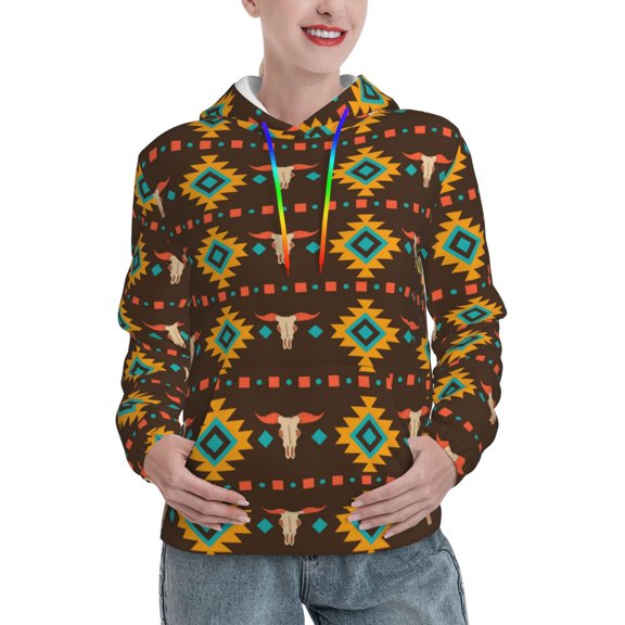 Women's Pullover Hoodie, Casual Hooded Sweatshirt with Pocket , Cowboy Western Native Print
