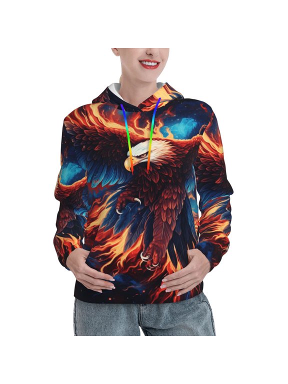 Women's Pullover Hoodie, Casual Hooded Sweatshirt with Pocket , Flaming Eagle Fire Art Print