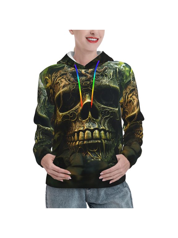 Women's Pullover Hoodie, Casual Hooded Sweatshirt with Pocket , Green Weed Cool Skull Print