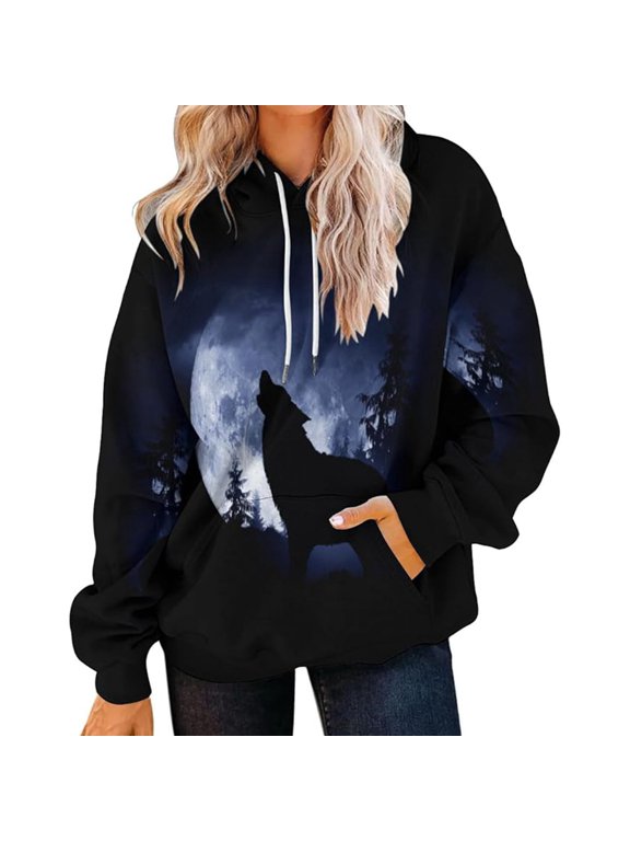 Women's Pullover Hoodie Moon Forest Wolf Silhouette All Over Print Loose Long Sleeve Tops