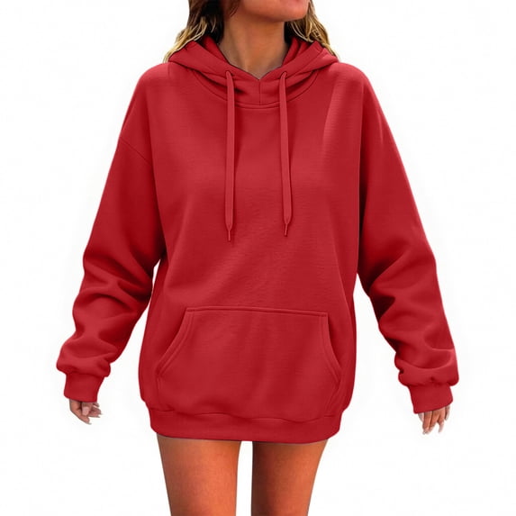 Women's Pullover Hoodie, Solid Long Sleeve Sweatshirt with Drawstring Hood and Kangaroo Pocket