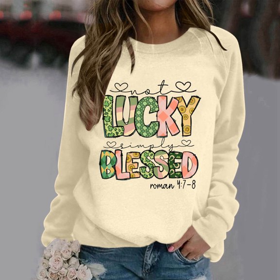 Women's Pullover Hoodie St. Patrick'S Day Sweatshirt For Women Shamrock Letter Print Casual Crewneck Sweatshirt Irish Clover Graphic Shirt(Beige,XL)
