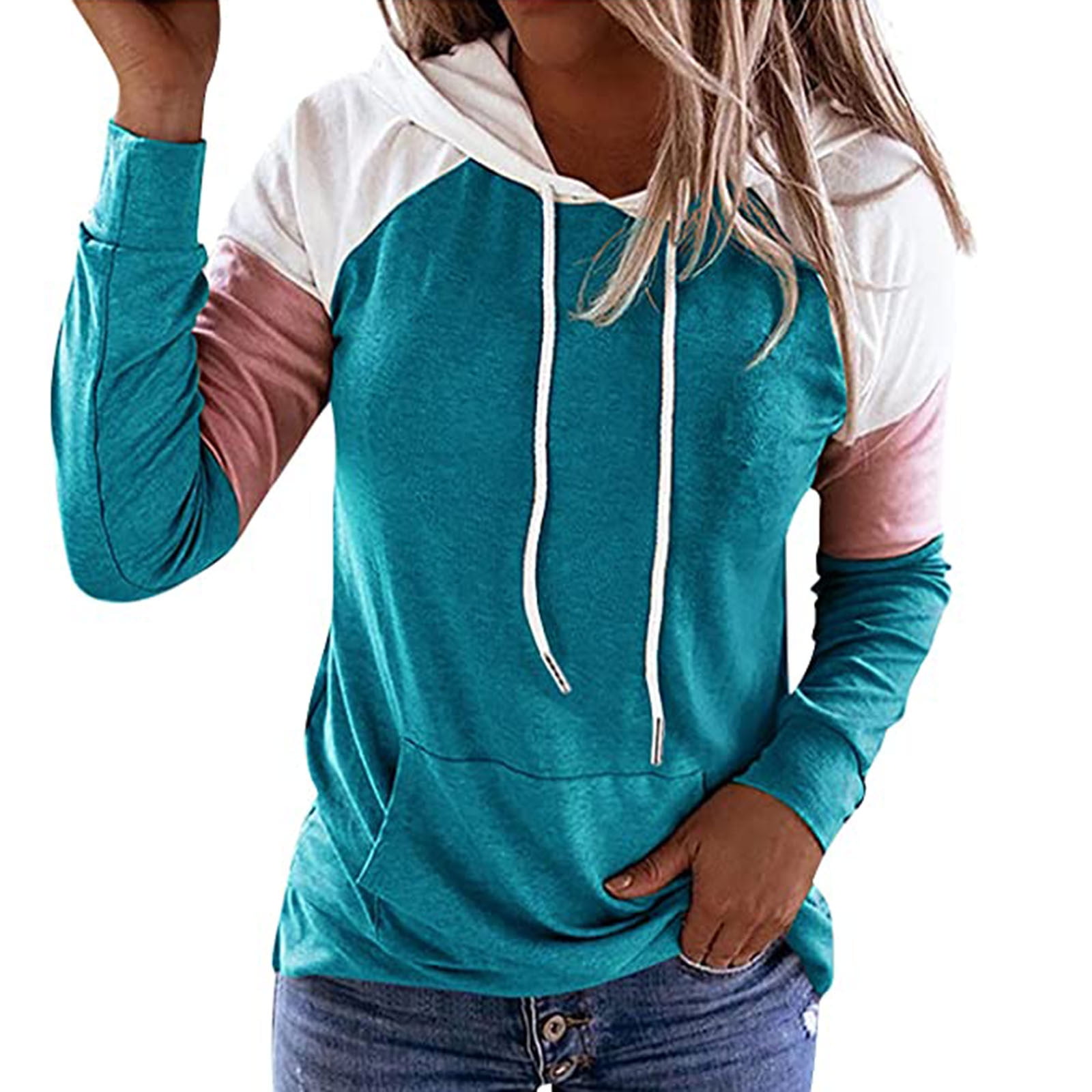 Kinple Women Casual Color Block Patchwork Pullover Long Sleeve Hoodie  Drawstring Tops Sweatshirt