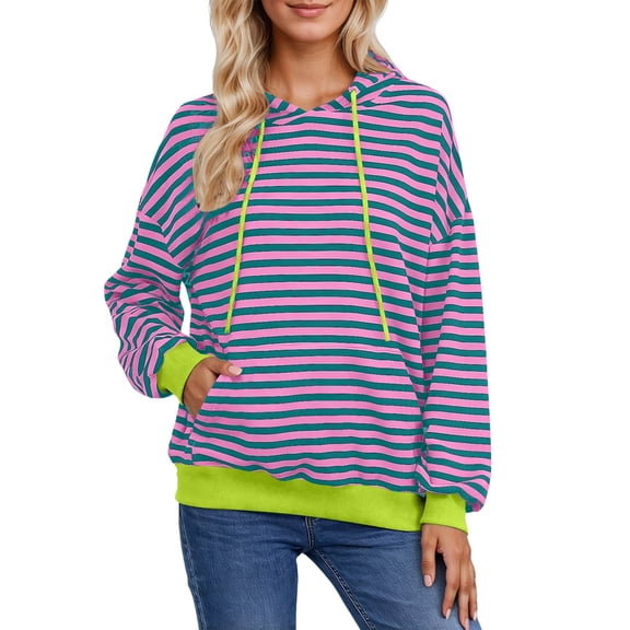 Women's Pullover Hoodies Lightweight Striped Color Block Long Sleeve Sweatshirts with Pocket Drawstring Casual Trendy Loose Tops