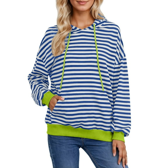 Women's Pullover Hoodies Lightweight Striped Color Block Long Sleeve Sweatshirts with Pocket Drawstring Casual Trendy Loose Tops
