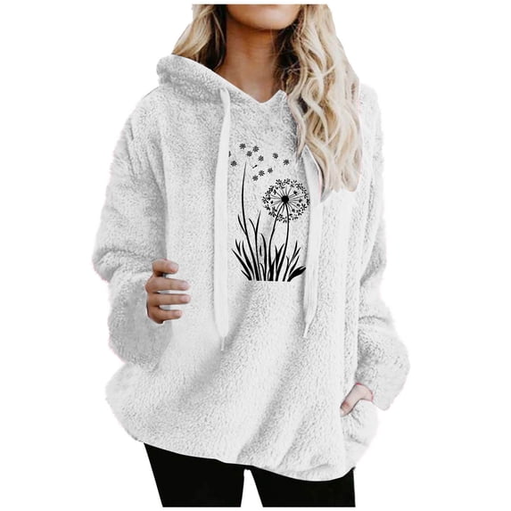 Women's Pullover Hoodies Long Sleeve Drawstring Print Tops Fleece Casual Hooded Sweatshirts with Pockets Loose Fit (S, White-A)