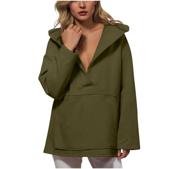 Women's Pullover Hoodies V Neck Long Sleeve Lapel Button down Solid Color Sweatshirts Casual Oversized Tops Loose Fit (S, Army Green)