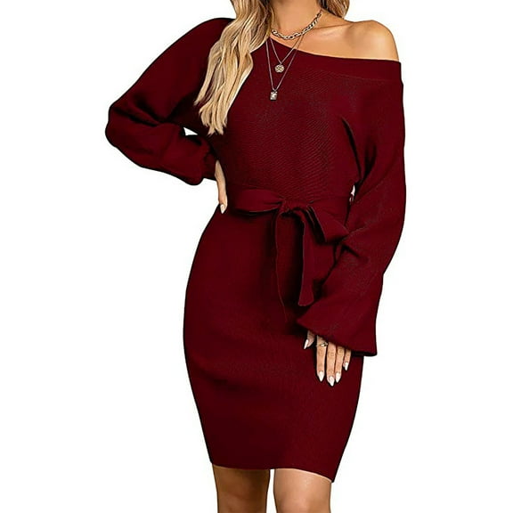 Women's Pullover Knit Dress Round Neck Long Sleeve Fall Winter Dresses Solid Tie Waist Casual Bodycon Mini Dress