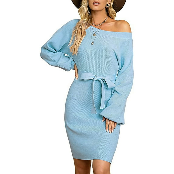 Women's Pullover Knit Dress Round Neck Long Sleeve Fall Winter Dresses Solid Tie Waist Casual Bodycon Mini Dress