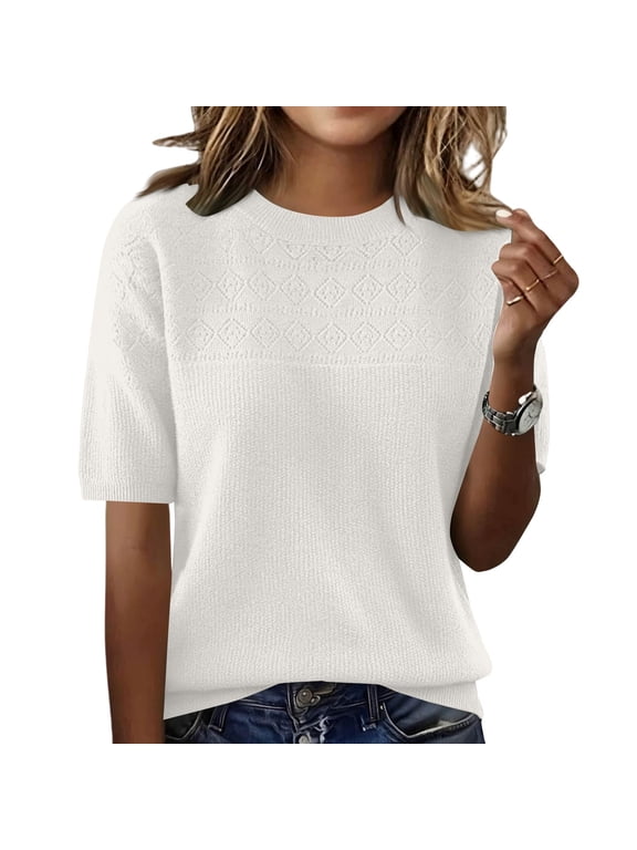 Women's Pullover Knit Shirt, Short Sleeve Crew Neck Lightweight Top, Elegant & Soft Casual Blouse for Spring and Summer, Fashion Essential Basic Piece-White