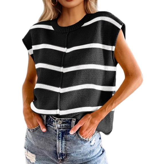 Women Pullover Knit Sweater Vest Cover Sleeve Vest Striped Round Neck Casual Loose Tops