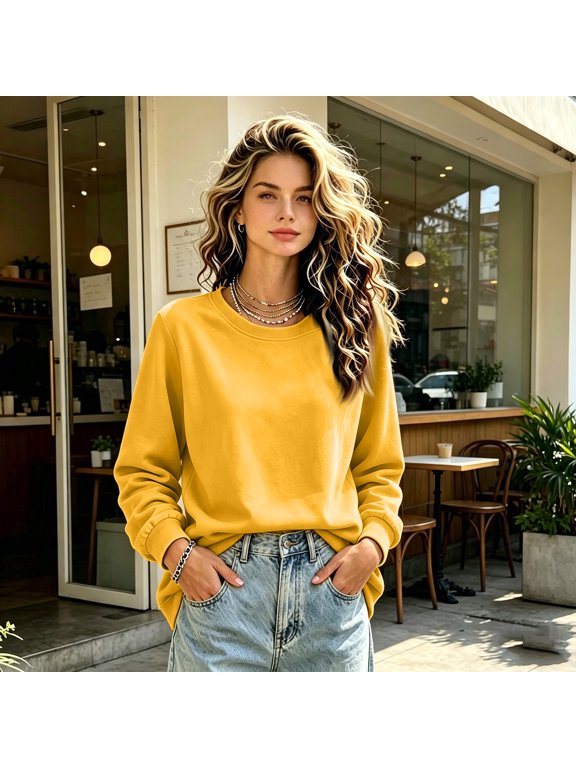Women's Pullover Long Sleeve Crew Neck Solid Color Loose Casual Sweatshirts Yellow XL
