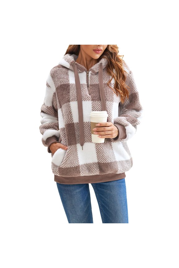 Women's Pullover Oversized Plush Hoodie Double-Layer Fleece Sweatshirt Fluffy Plaid Jacket Warm Coat
