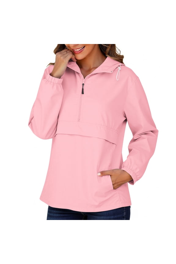 Women's Pullover Rain Jacket Waterproof Quater Zip Windbreaker Jackets Lightweight Hooded Raincoat Hiking Sportswear
