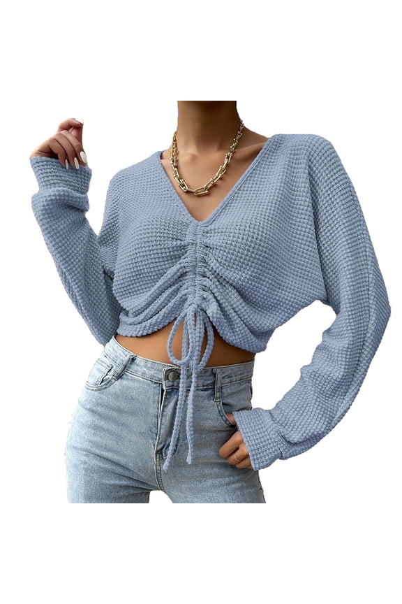 Women's Pullover Ribbed Cropped Knitwear Drawstring Ruched Knitted Crop Top Solid V-Neckblue,,S,