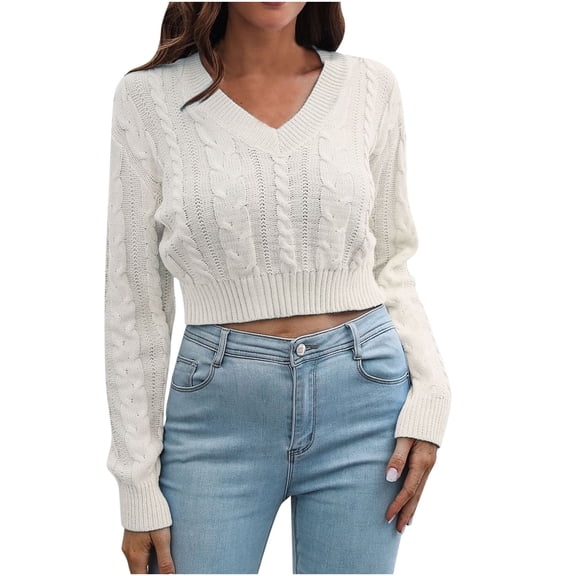 Women's Pullover Ribbed Cropped Knitwear Knitted Crop Top Solid V-Neck Long Sleeve Slim Fit Sexy Sweaters