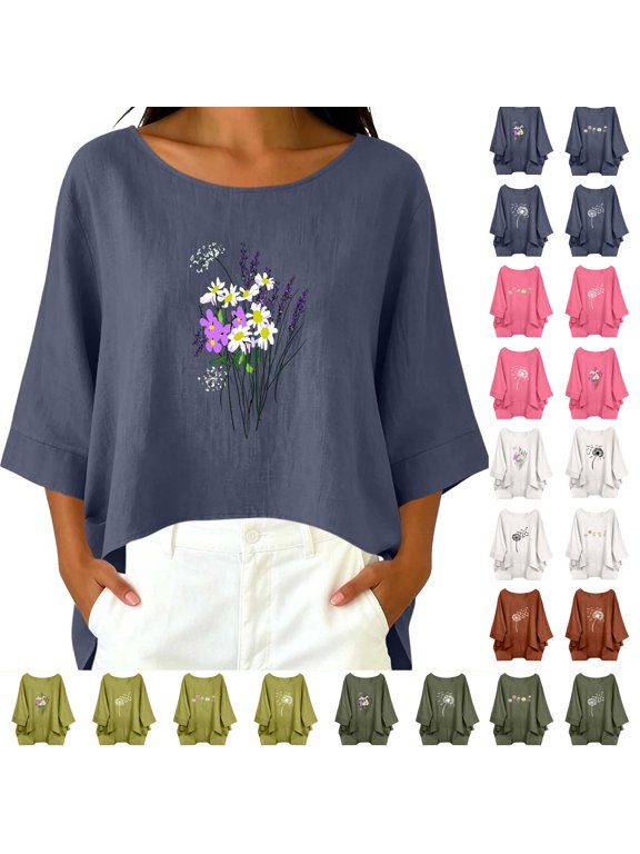 Women's Pullover Round Neck 3/4 Sleeve Cotton Linen Pullover with Daisy and Lavender Floral Print Everyday Leisure and Travel
