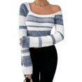 thumbnail image 1 of Women's Pullover Striped Knit Square Neck Sweater Color Block Long Sleeve Cute Trendy Fuzzy Sweaters Blue XS, 1 of 9