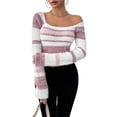 thumbnail image 1 of Women's Pullover Striped Knit Square Neck Sweater Color Block Long Sleeve Cute Trendy Fuzzy Sweaters Pink L, 1 of 10