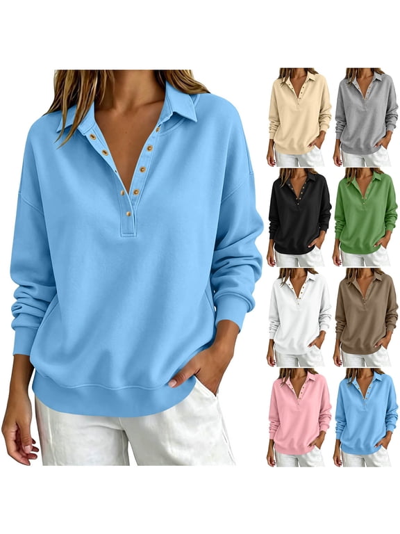 Women's Pullover SweatShirts Long Sleeve Button Up Collared Top, Relaxed Fit Casual Fall Winter Sweater Shirts with Button Placket for Everyday Wear