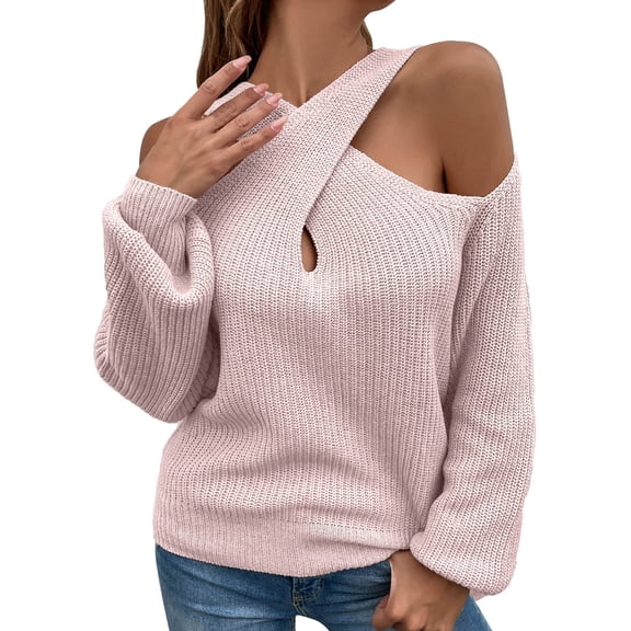 Women's Pullover Sweater Casual Solid Crochet Long Sleeve Cold Shoulder Loose Fit Top for Everyday Wear and Stylish Moments