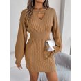 thumbnail image 1 of Women's Pullover Sweater Dress Solid Hollow Neck Long Lantern Sleeve Dresses Crew Neck Cute Cable Knit Bodycon Mini Short Dresses, 1 of 5