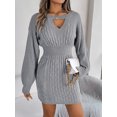 thumbnail image 1 of Women's Pullover Sweater Dress Solid Hollow Neck Long Lantern Sleeve Dresses Crew Neck Cute Cable Knit Bodycon Mini Short Dresses, 1 of 5