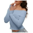 thumbnail image 1 of Women's Pullover Sweater Fall Off Shoulder Long Sleeve Ribbed Knit Fitted Tops Blouse for Casual Wear, 1 of 7