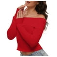 thumbnail image 1 of Women's Pullover Sweater Fall Off Shoulder Long Sleeve Ribbed Knit Fitted Tops Blouse for Casual Wear, 1 of 7