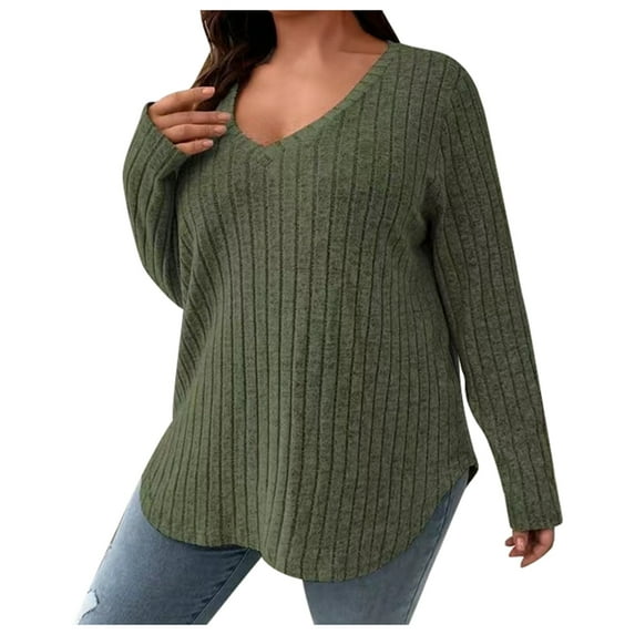 Women's Pullover Sweater Ladies' Fashionable Casual V Neck Long Sleeved Solid Color Top Plus Size Brushed T Shirt Autumn Winter