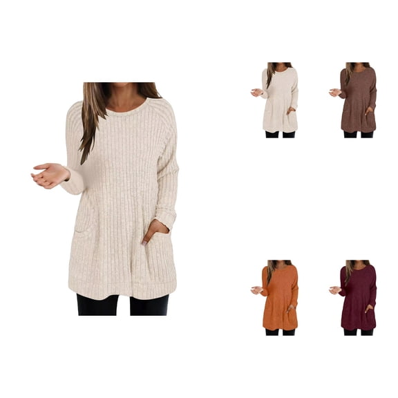 Women's Pullover Sweater Long Sleeve Knitted Top With Pocket For All Seasons And Occasions Stylish Ribbed Design Casual And Comfortable Fit