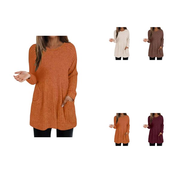Women's Pullover Sweater Long Sleeve Knitted Top With Pocket For All Seasons And Occasions Stylish Ribbed Design Casual And Comfortable Fit