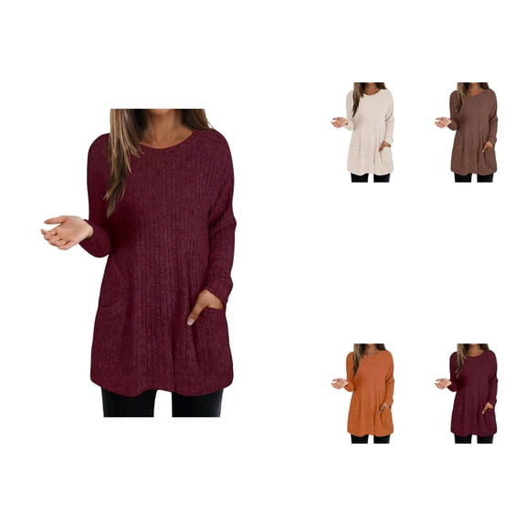 Women's Pullover Sweater Long Sleeve Knitted Top With Pocket For All Seasons And Occasions Stylish Ribbed Design Casual And Comfortable Fit