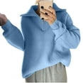 thumbnail image 1 of Women's Pullover Sweater Long Sleeve V Neck Lapel 3/4 Zip Solid Color Knit Tops Cute Casual No Hood Sweater Loose Fit (Free Size, Light Blue), 1 of 2