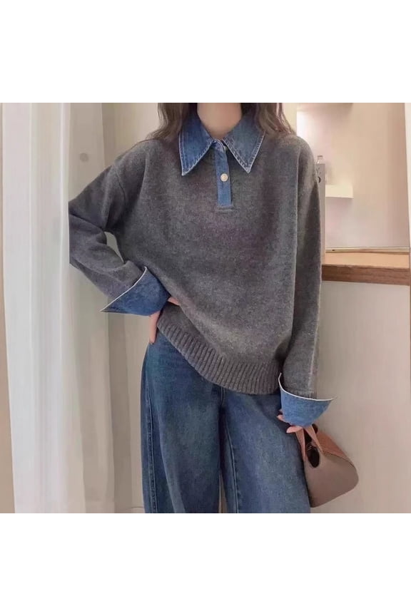 Women's Pullover Sweater Shirt Denim Collar Trim Knit Top Comfortable Loose Fit (Grey One Size)