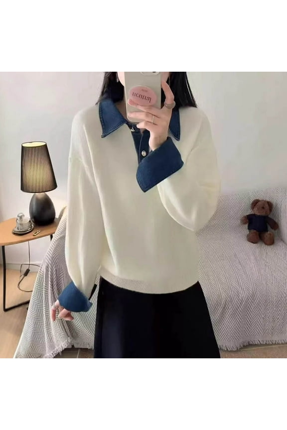 Women's Pullover Sweater Shirt Denim Collar Trim Knit Top Comfortable Loose Fit (White One Size)