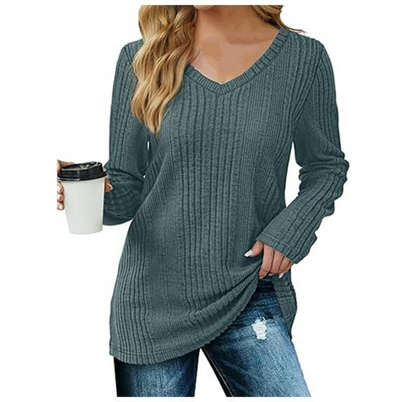 Women's Pullover Sweater Solid Color Knit V Neck Long Sleeve Fashionable Apparel for Women