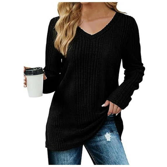 Women's Pullover Sweater Solid Color Knit V Neck Long Sleeve Fashionable Apparel for Women