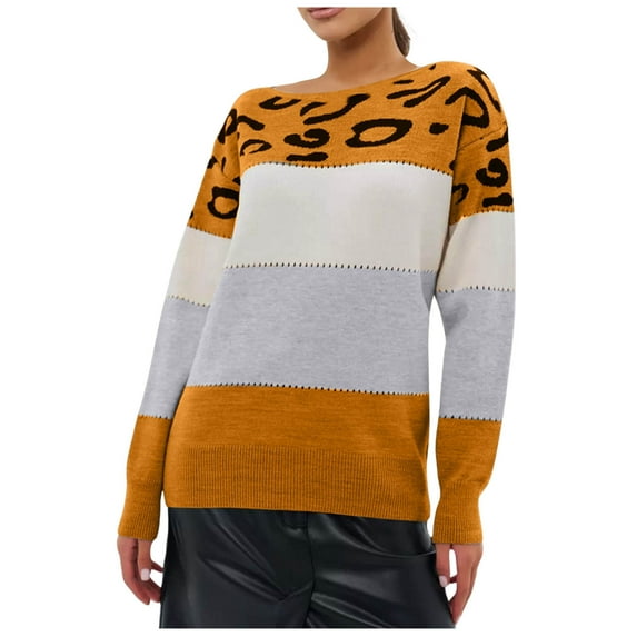 Women's Pullover Sweater Stylish Layering Knit Sweater Leopard Print Color Block Casual Long Sleeve Pullover Top for Women