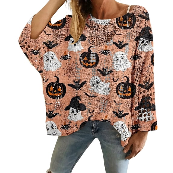 Halloween Women's Pullover Sweater Tops Crochet Bat Pumpkin Ghost Graphic Oversized Knit Pullover Cozy Fall Sweater Womens Long Sleeve Sweater