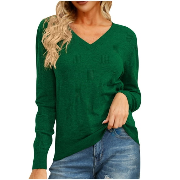 Women's Pullover Sweater V-Neck Long Sleeve Shirt Oversized Solid Color Fall Blouse Casual Loose Fit Sweatshirt (Army Green L)