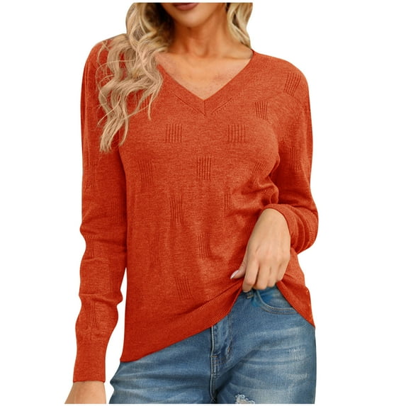 Women's Pullover Sweater V-Neck Long Sleeve Shirt Oversized Solid Color Fall Blouse Casual Loose Fit Sweatshirt (Orange M)
