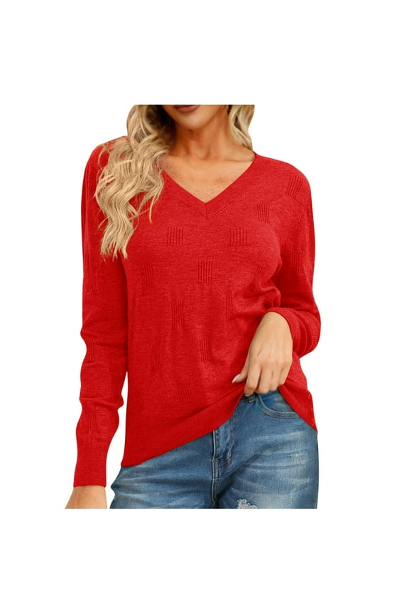 Women's Pullover Sweater V-Neck Long Sleeve Shirt Oversized Solid Color Fall Blouse Casual Loose Fit Sweatshirt (Red M)