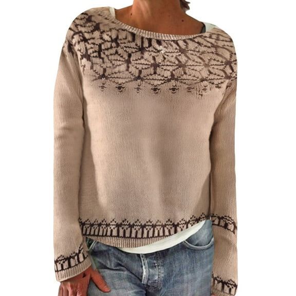 Women's Pullover Sweater Women'S Knitted Isle Print Retro Sweater Casual Loose Crewneck Long Sleeve Lightweight Cropped Pullover Tops, Women's Pullover Sweater XL