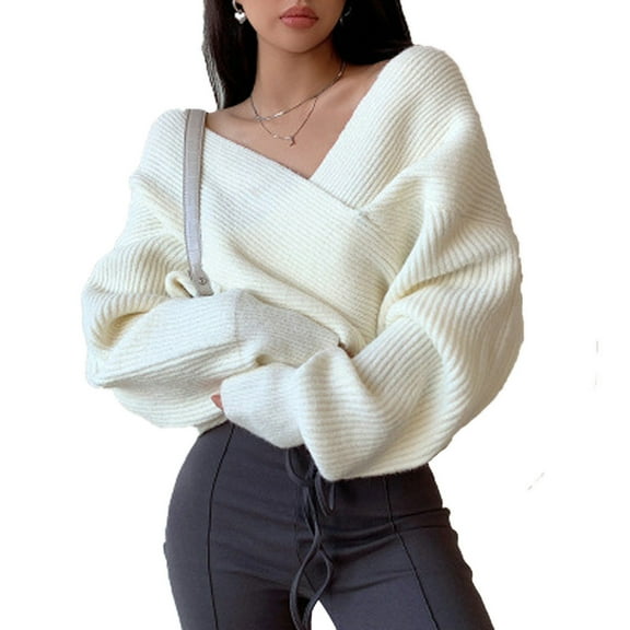 Women's Pullover Sweater - Wrap V Neck Cropped Sweaters Long Sleeve Off Shoulder Solid Knitted Tops for Fall 2025